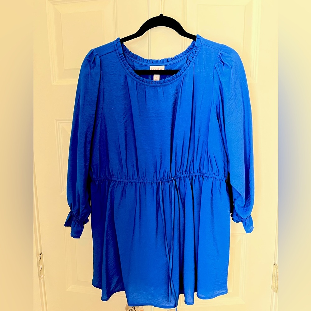Beautiful blue maternity blouse with tie waist
